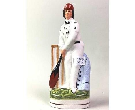 FIVE STAFFORDSHIRE REPRODUCTION CRICKETING FIGURES, AND OTHER ITEMS  including two resin busts and a pin cushion figuretalles