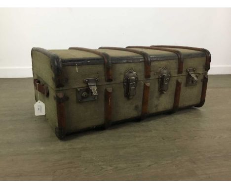 VINTAGE TRAVEL TRUNK, EARLY - MID 20TH CENTURY of rectangular form, wood bound, with twin leather handles84cm wide