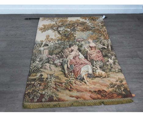 VINTAGE FRENCH TAPESTRY, 20TH CENTURY depicting an outside scene with figures surrounded by trees and foliage130high, 102cm w