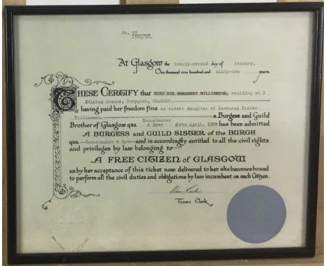 FREEMAN OF THE CITY OF GLASGOW AND FURTHER RELATED CERTIFICATES, CIRCA 1950s ONWARDS including Territorial and Volunteer Rese
