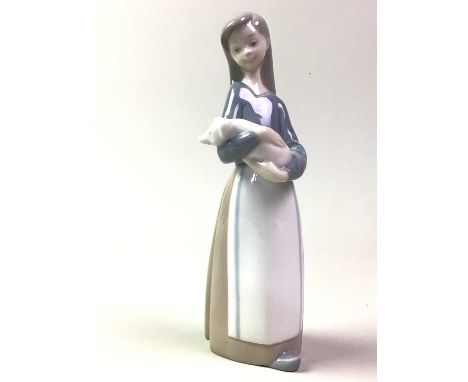FOUR LLADRO FIGURES, two modelled as a girl with flowers, another of a girl and piglet, and a further model of Eskimo with Po