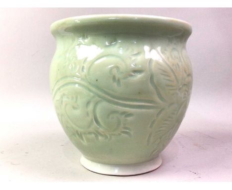 CHINESE CELADON PLANTER, ALONG WITH A VASE AND TWO BUDDHA FIGURES the planter with incised floral decoration, also including 