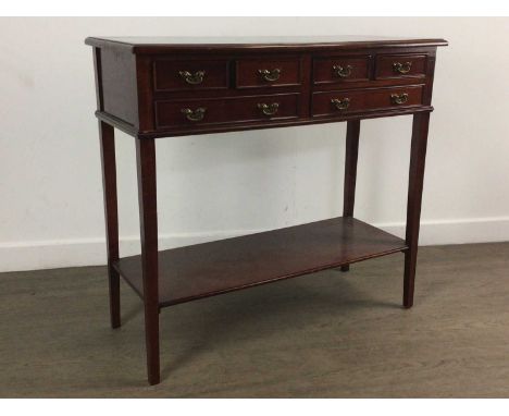 REPRODUCTION MAHOGANY HALL TABLE, AND TWO OTHER ITEMS OF FURNITURE  comprising a wall hanging display cabinet and a small sof