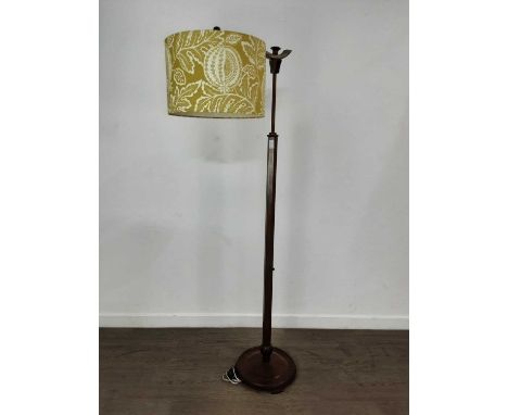 OAK STANDARD LAMP, CIRCA 1930s with green ground shade, rewired