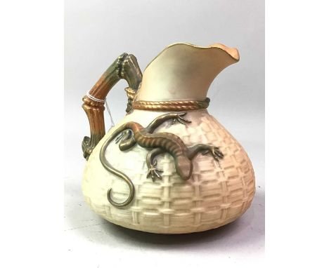 ROYAL WORCESTER BLUSH IVORY JUG, AND OTHER CERAMICS the jug with basket weave design body and with lizard in relief in green 