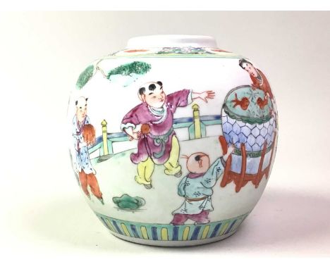 CHINESE PORCELAIN GINGER JAR, AND A GROUP OF MINIATURE FIGURES decorated with figures in an outside setting, some surrounding