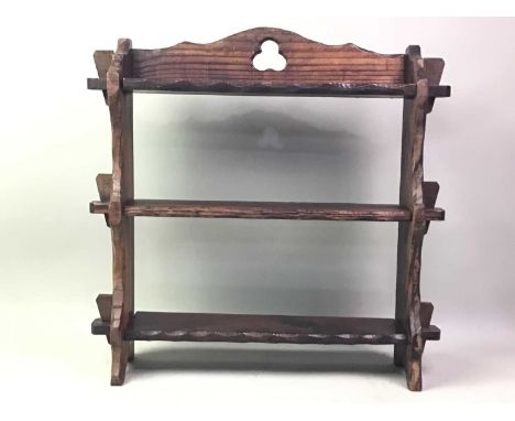PINE WALL HANGING SHELF, AND OTHER ITEMS comprising a pair of binoculars in case, and a wooden model of a duckshelves 52cm hi