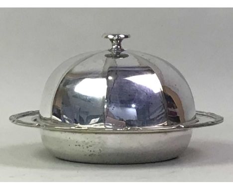 PLATED MUFFIN DISH AND COVER, AND OTHER ITEMS  including a salver, three piece tea service and a cruet set 