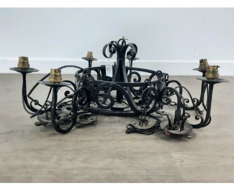 MID CENTURY WROUGHT IRON CHANDELIER, AND A SIX BRANCH WROUGHT IRON AND PINE CEILING LIGHT  painted blackchandelier 66cm diame