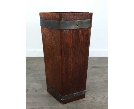 OAK STICK STAND, MAKER R. ALISTER & CO brass bound with fitted drip tray, bearing makers plaque to inside50cm high