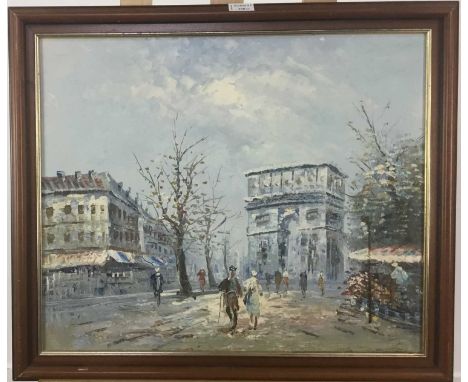 TWO MODERN OIL PAINTINGS, including a beach scene and a Paris street scene also a cased set of fish knives and forks, large t