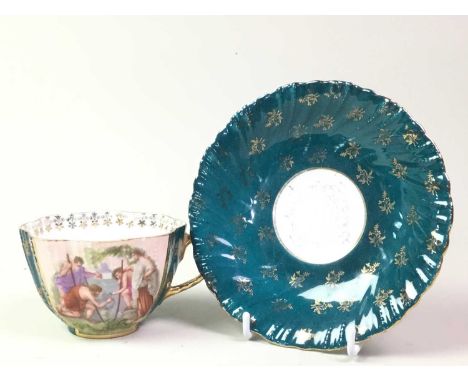 VIENNA STYLE TEA SERVICE, transfer decorated with panels of figures, comprising twelve cups, twelve saucers, twelve side plat