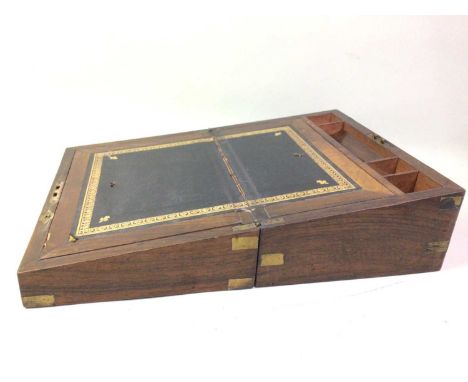 VICTORIAN MAHOGANY BRASS BOUND LAP DESK, AND TWO OTHER ITEMS  comprising a regency mahogany tea caddy and a mahogany jeweller