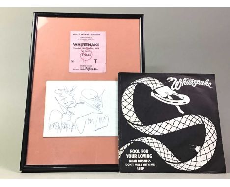 WHITESNAKE - LOVE HUNTER TOUR FRAMED TICKET AND AUTOGRAPH DISPLAY, with a Glasgow Apollo theatre ticket stub dated 16th Octob