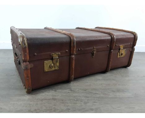 VINTAGE TRUNK, 20TH CENTURY wood bound, with leather handles90.5CM LONG