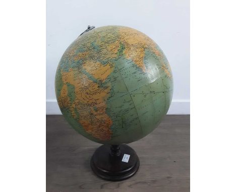VINTAGE WORLD GLOBE, MAKER GEORGE PHILIP & SON fixed to an oak stepped base, along with a retro tableglobe 47cm highQty: 2Sia