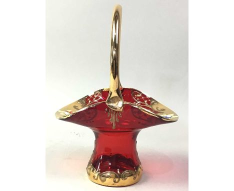 VENETIAN RUBY GLASS DESSERT SERVICE, AND A PAIR OF GREEN CHALICES  each with gilt decoration 