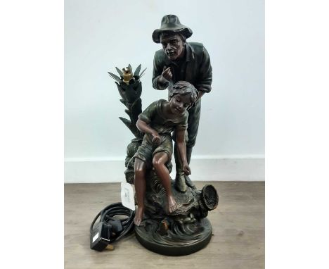 BRONZE EFFECT FIGURAL TABLE LAMP, modelled as a man and boy fishing44cm high