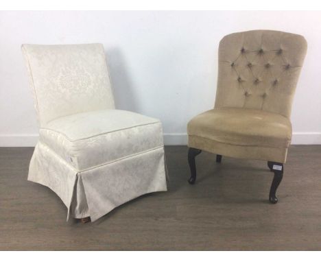 TWO UPHOLSTERED BEDROOM CHAIRS, one with button backQty: 2