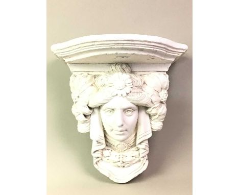 DECORATIVE PAINTED PLASTER WALL SHELF, AND A WOODEN STOOL  in a Neoclassical style modelled as a female bust, along with a sm