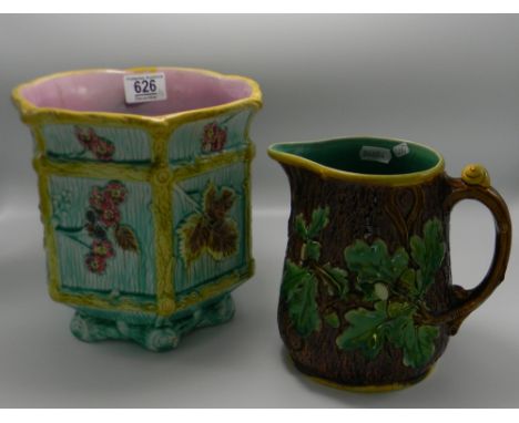 Minton Majolica Trunk Theme Water Jug: together with similar planter, height of largest 21cm(2)