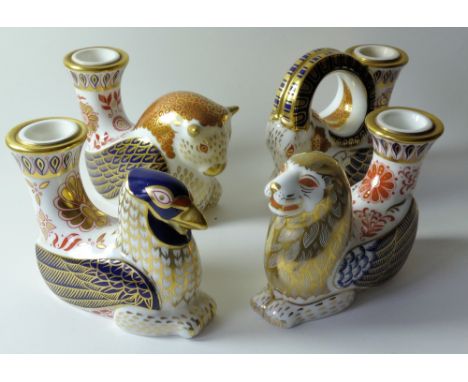 Royal Crown Derby FOUR CANDLESTICK paperweights LION GOAT BULL EAGLE:  No stoppers, boxes or certificates. 