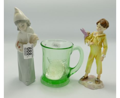 Royal Worcester figure with parakeet and Lladro girl with chicken:together with commemorative green glass mug &amp; Doulton k