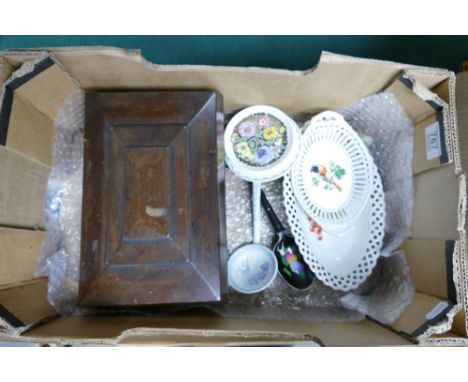 Mahogany 19th century jewel box: together with pierced continental dishes, ladle etc.