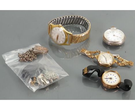 Group of watches and jewellery: Includes two 9ct gold ladies wrist watches, bracelets non gold (glass missing in one), togeth