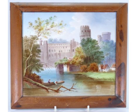 Mintons handpainted tile: decorated with a castle &amp; landscape scene in wood frame, tile 20 x 20cm.