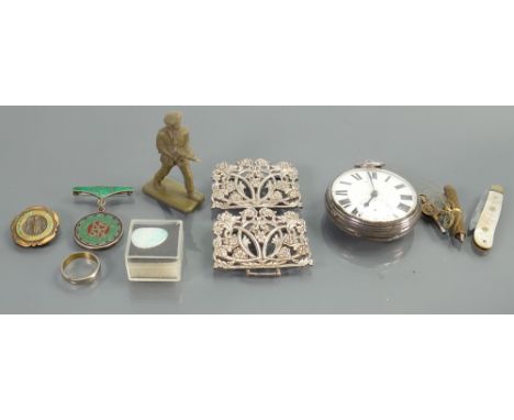 Silver gents key wing watch &amp; other collectors pieces: Includes silver plated nurses buckle, un set opal, silver medal, s