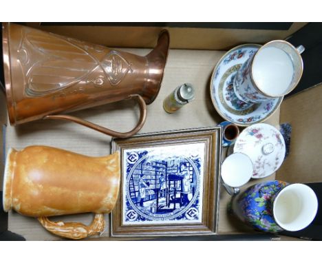 A mixed collection of items to include: Copper Arts &amp; Crafts Jug, Delft Tile, Early 20th Century Cup saucer set etc
