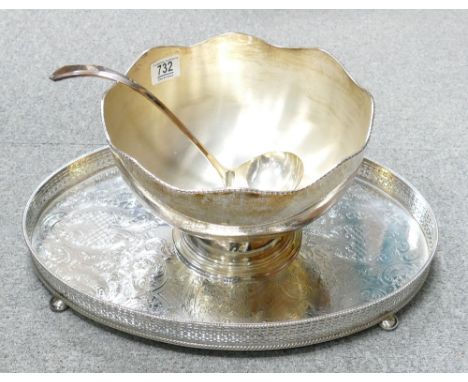 Large Silver plated Gallery Tray: together with similar Punch Bowl &amp; Ladle(2)