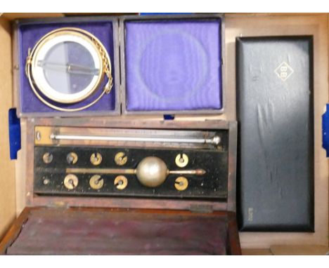 Group of scientific instruments: includes Sykes cased hydrometer, cased brass instrument of unknown type and draughtsman's dr