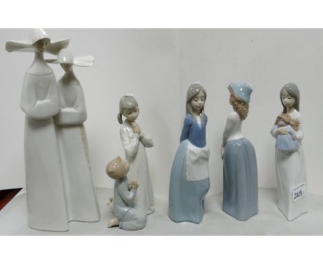 Lladro and Nao figures to include nuns (4533): teaching to pray (4779), Constance (1120), too cute (1121) and a girl with a r