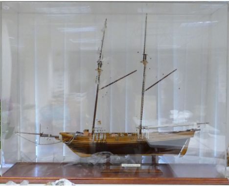 Mid 20th century English handmade wooden model of a sailing ship: "THe Harvey 1847" in perspex display case, L104 x h79 x d36