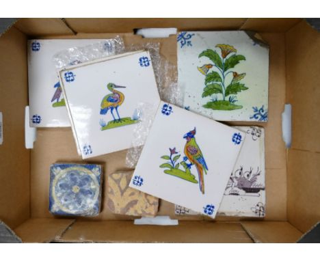 Tray collection of 19th century and earlier tiles: set of 4 bird tiles, 18th century polychrome tile, similar age tile, and 2