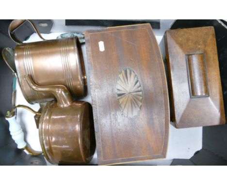 Job lot group of copper &amp; woodenware including Victorian mahogany tea caddy: together with set of 2 drawers with inlay, c