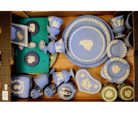 Collection of Wedgwood Jasperware: To include plates, vases, bells, lighters, trinket boxes, plaques & medallions. In green a