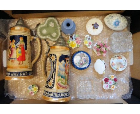 Tray lot of items to include: Pair large Goebel tankards / Steins, Wedgwood Jasperware & other, Aynsley, Royal Doulton etc.  