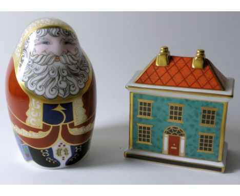 Two x Royal Crown Derby paperweights SANTA CLAUS & GEORGIAN DOLLS HOUSE: Gold stopper & ceramic stopper, first quality, NO ce