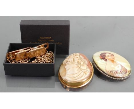 Cameo brooch in gilt metal & similar size large portrait brooch: together with napkin chain.