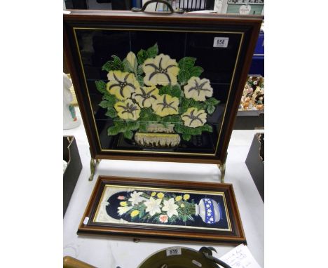 Tiled Fireguard with floral tube lined decoration: together with similar wall hanging item(2)