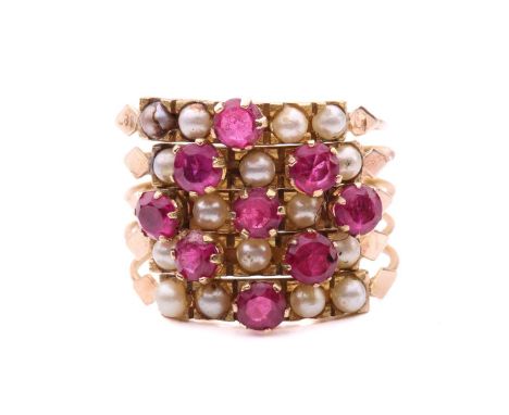 A five row synthetic ruby and seed pearl harem ring, formed of a hinged row of five stacked bands set with seed pearls and sy
