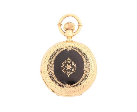 An E Sandoz &amp; Cie of Le Locle black enamel full hunter pocket watch, featuring a Swiss-made keyless wound movement in a y