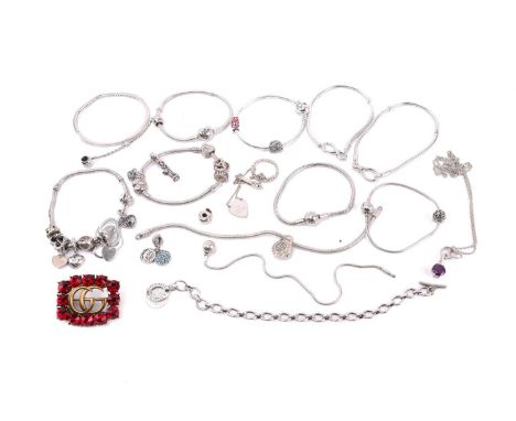A collection of white metal jewellery including a selection of Pandora bracelets, a Pandora ring a Links of London bracelet, 