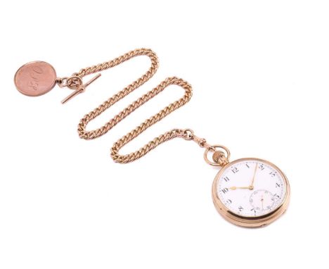 A 9ct gold Vertex open-face pocket watch with 9ct gold Albert chain &amp; fob. Featuring a Swiss-made keyless wound Vertex mo