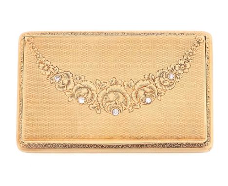 A floral snuffbox set with diamonds, of rectangular form with rounded corners, the cover, sides and base centred with an engi