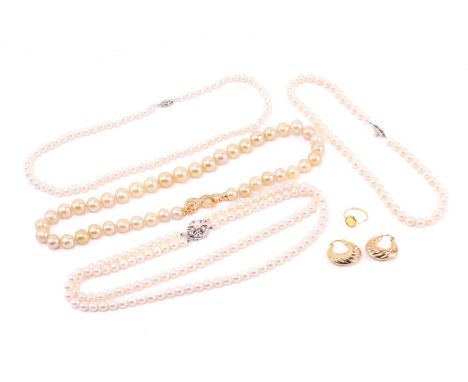 Four strings of cultured pearl necklaces, a ring and a pair of earrings; to include a necklace with two strands of uniformed 