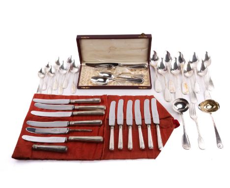 A part canteen of German flatware. Fiddle and thread pattern; comprising five table spoons, four dessert spoons and a sauce l